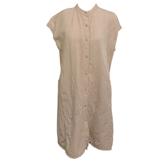 Eileen Fisher Linen Blend Mandarin Collar Shirtdress in Khaki Size Medium - Picture 7 of 8